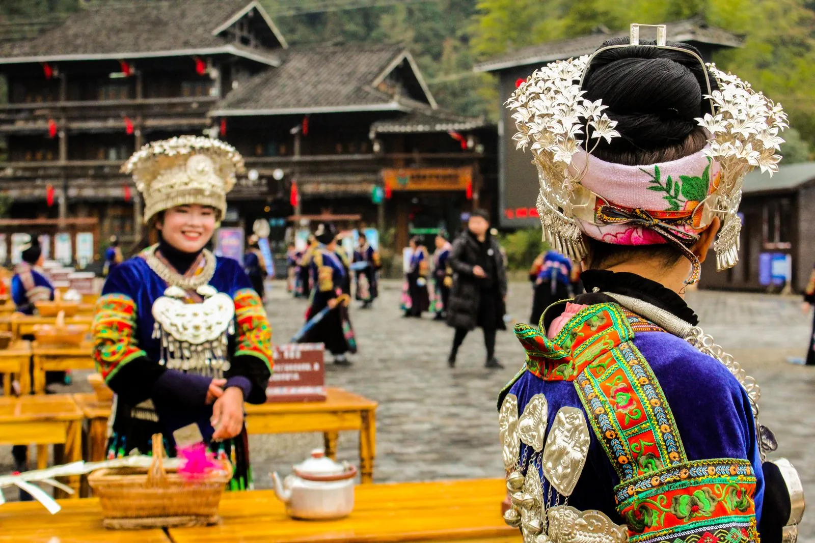 Miao women wearing traditional clothing in Xijiang, Guizhou