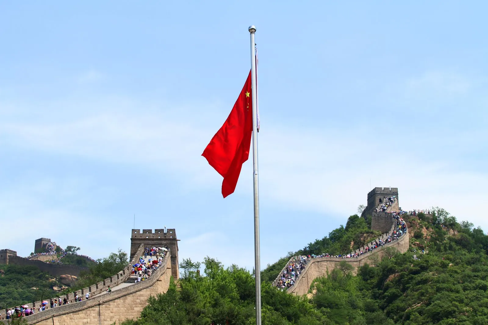 Great Wall of China with Chinese flag near Beijing